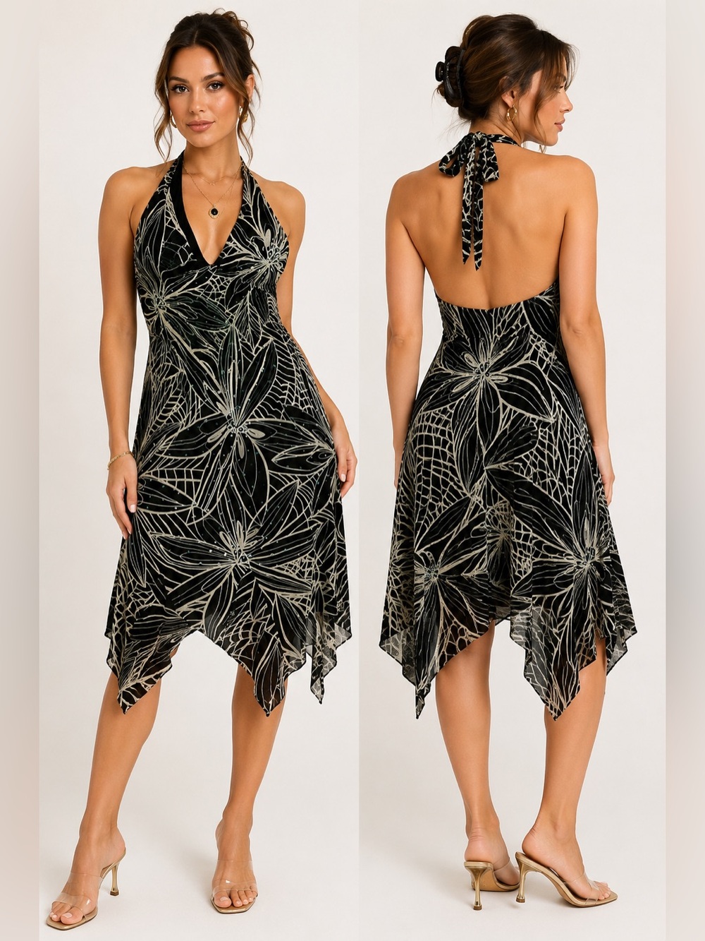 Cato Black Floral Halter Handkerchief Hem Dress Rhinestone Accent Size 14